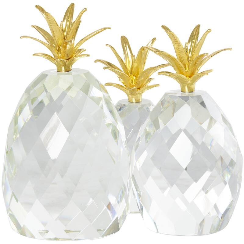 Crystal Fruit Faceted Pineapple Decorative Sculpture with Gold Leaves - Set of 3 Clear - Roche River Decor