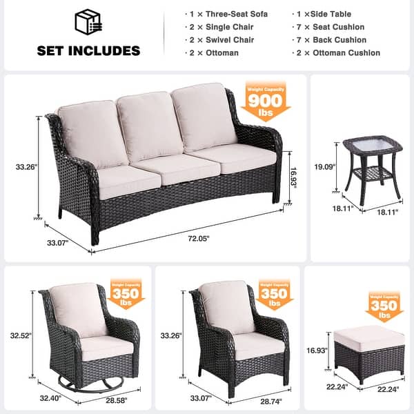 dimension image slide 1 of 6, OVIOS 8-Piece Wicker Swivel Chair Patio Conversation Set