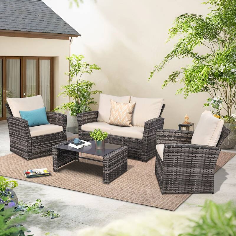 5-Piece Wicker Outdoor Sofa Set with Fire Pit Table
