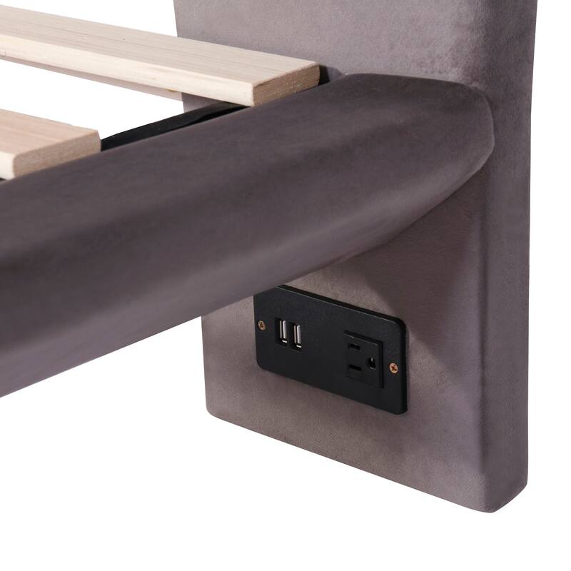 Full Velvet Upholstered Platform Bed with Motion Sensor Light, 2 Large Backrests, USB Ports, and Floating Design
