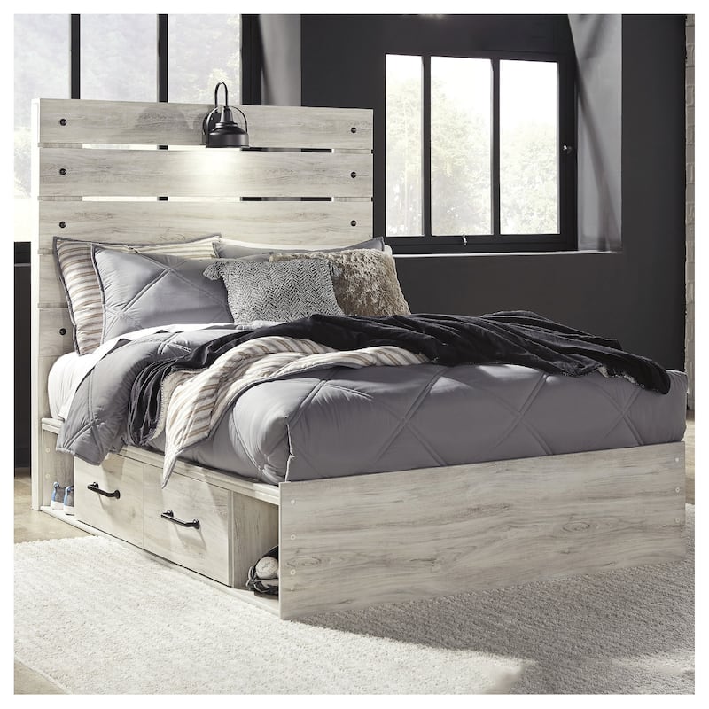 Cambeck Whitewash Panel Bed With 2 Under Bed Storage Drawers