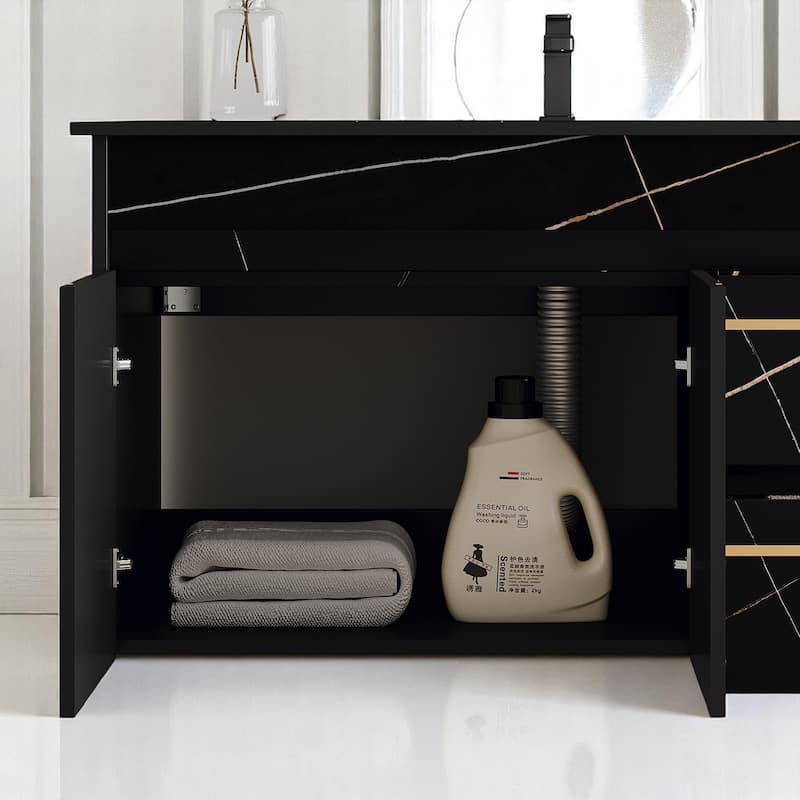35.4 Inch Wall-Mounted Bathroom Vanity with Engineered Stone Top, Ceramic Sink, Soft-Close Drawers & Door
