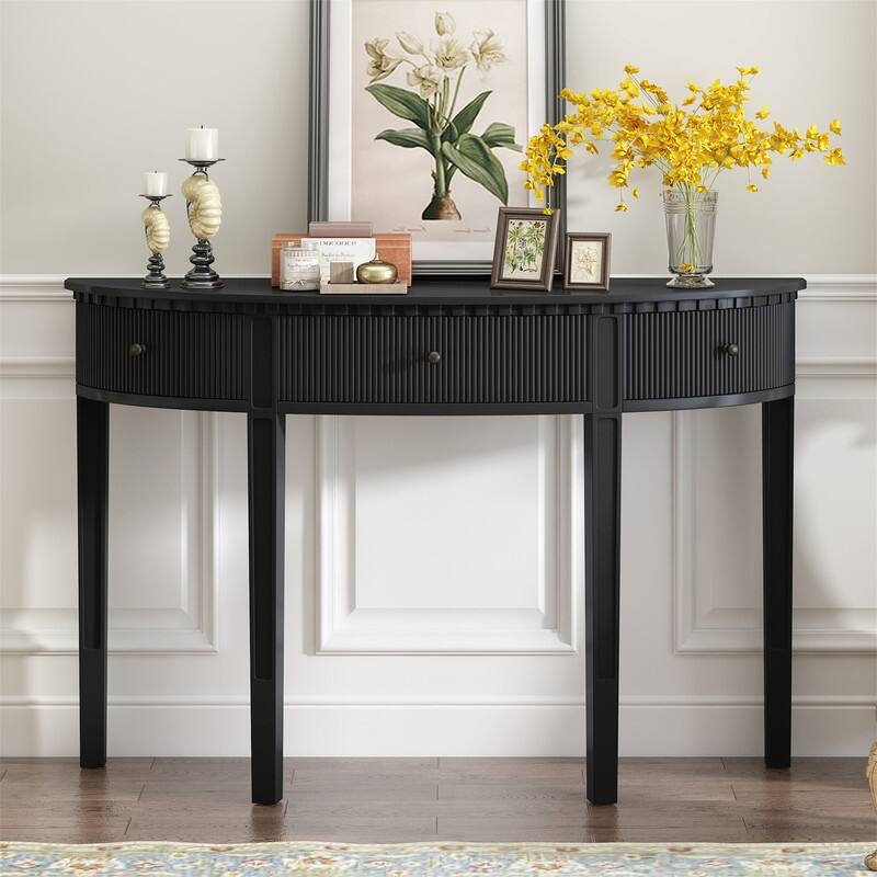 Curve Design Console Table with 3 Storage Drawers, Modern Entryway Table Sofa Table with Vertical Stripe Design and 4 Legs