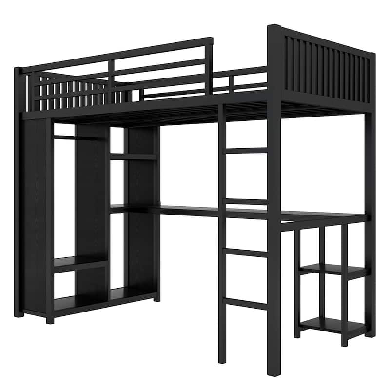 Black Metal Loft Bed Frame with Built-In Wardrobe, Desk and Shelves