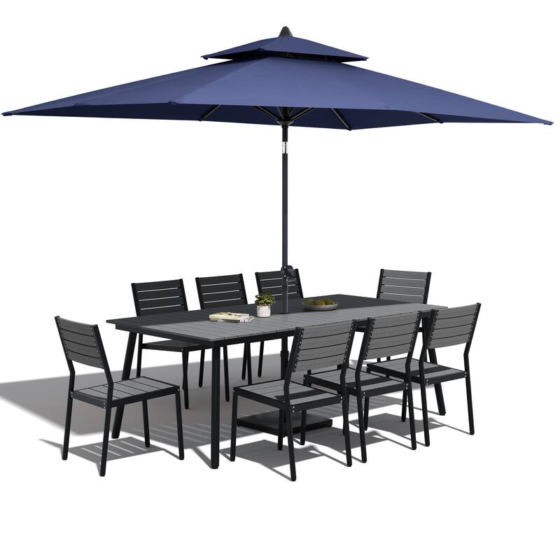 11-Piece Patio Dining Set Aluminum Table and 8 Stackable Chairs w/10 ft Umbrella and Base Stand