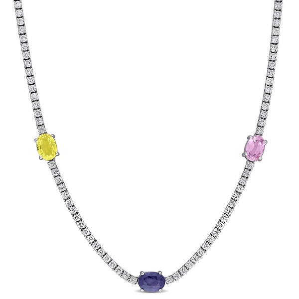 Miadora 18k White Gold Multi-color Sapphire & 2 1/3ct TDW Diamond Station Tennis Necklace - 17 inch x 5.4 mm