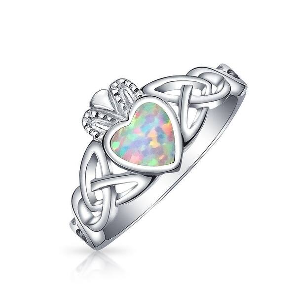 FLYOW 925 Sterling Silver BFF Celtic Knot Irish Friendship Couples Promise Bezel Created Opal Wedding Band Ring for Women
