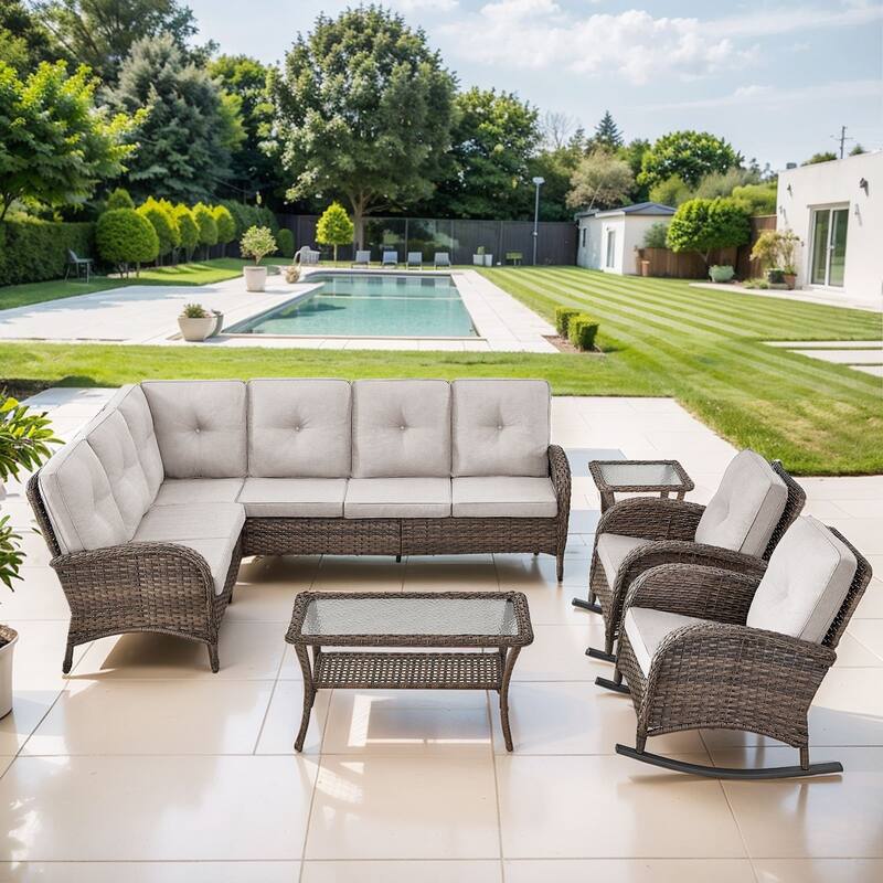 Gymojoy L-Shaped Outdoor Sectional Sofa Set, PE Wicker Couch with Water-Resistant Olefin Cushions - 5-Piece included Rocking Chairs - Beige