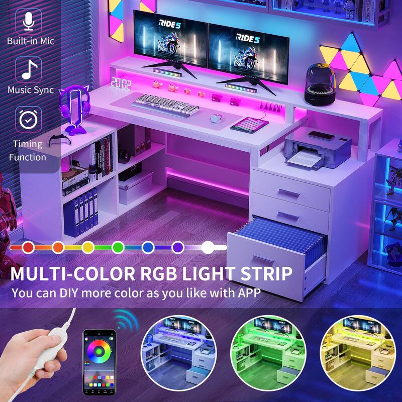 Moasis L Shaped Office Home LED Computer Gaming Desk with Drawers and Storage Shelves