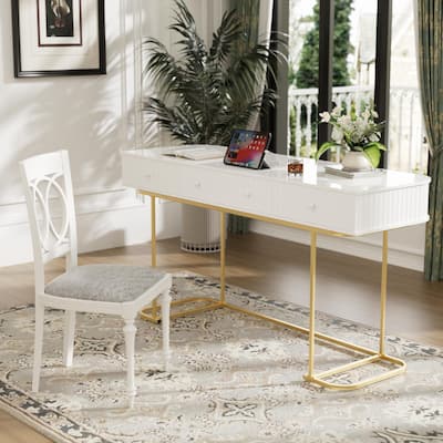 Mid-Century Modern Curved Desk,Fluted Panel Design 3 Drawers