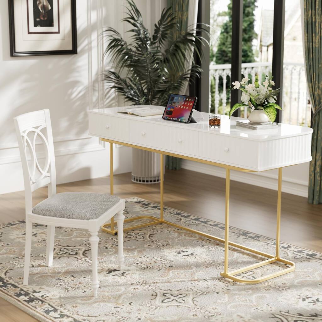 Mid-Century Modern Curved Desk,Fluted Panel Design 3 Drawers