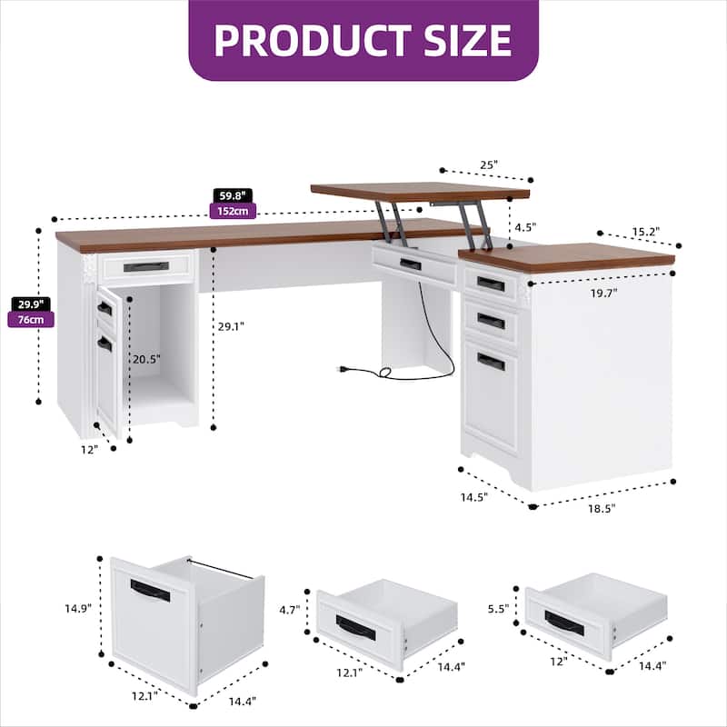 Moasis Farmhouse L Shaped Executive Desk Lift Top Office Desk with Drawers and Cabinet