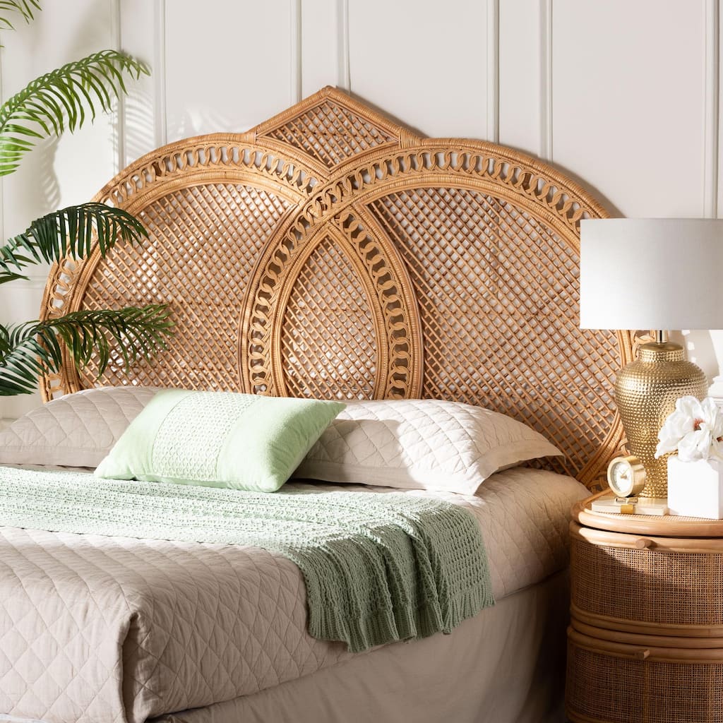 Nerita Rattan Headboard - Handwoven Wicker with Double Circle Design, Light Honey, Lightweight Coastal Bedroom Décor, Queen Size