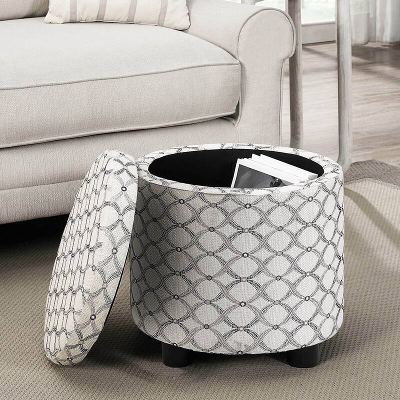 Convenience Concepts Designs4Comfort Round Accent Storage Ottoman with Reversible Tray Lid - Ribbon Pattern Fabric