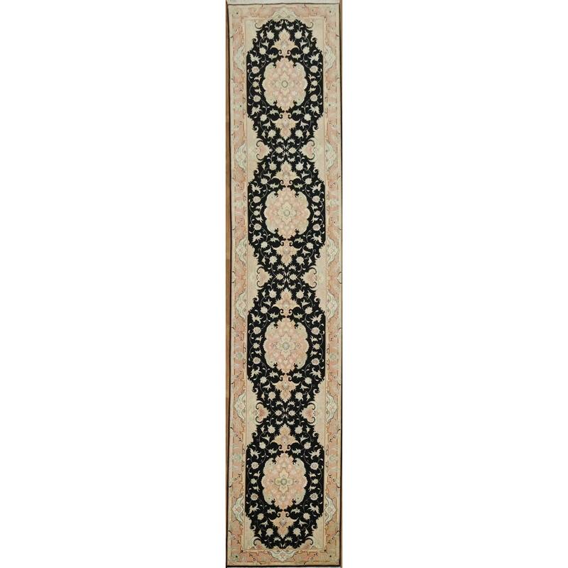 Hand Knotted Oriental Wool & Silk Carpet Traditional Floral Black Tabriz Runner Rug - 13' 5'' X 2' 9''