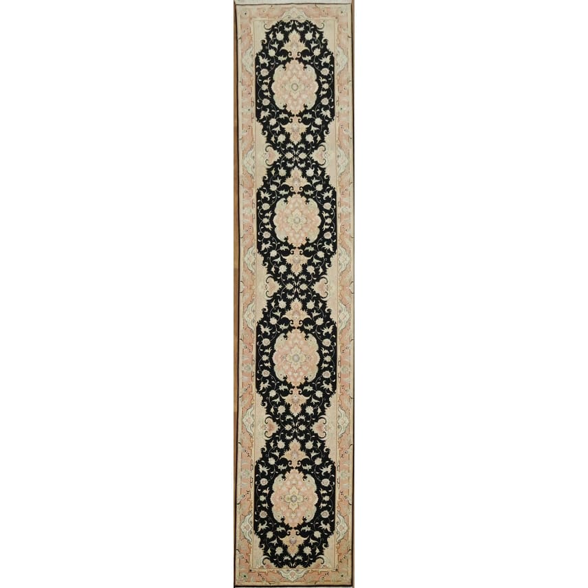 Hand Knotted Oriental Wool & Silk Carpet Traditional Floral Black Tabriz Runner Rug - 13' 5'' X 2' 9''