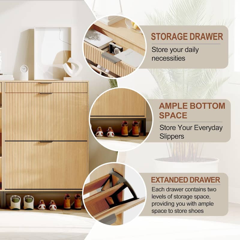Slim Shoe Cabinet with 2 Flip Drawers & Top Drawer