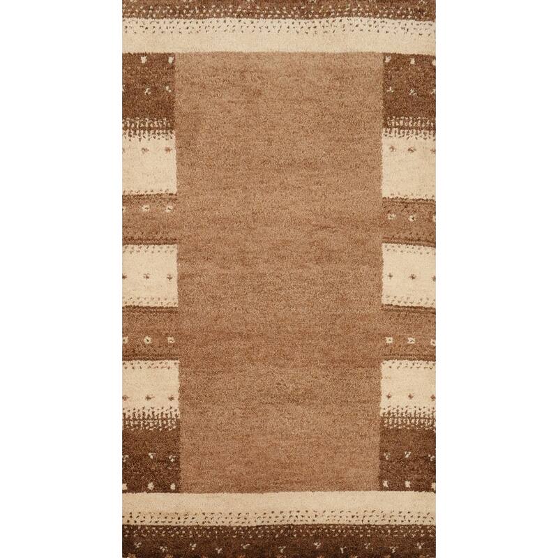 Hand Knotted Oriental 100% Wool Carpet Modern Geometric Brown Gabbeh Area Rug - 4' 5'' X 2' 5''