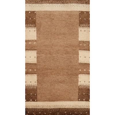 Hand Knotted Oriental 100% Wool Carpet Modern Geometric Brown Gabbeh Area Rug - 4' 5'' X 2' 5''