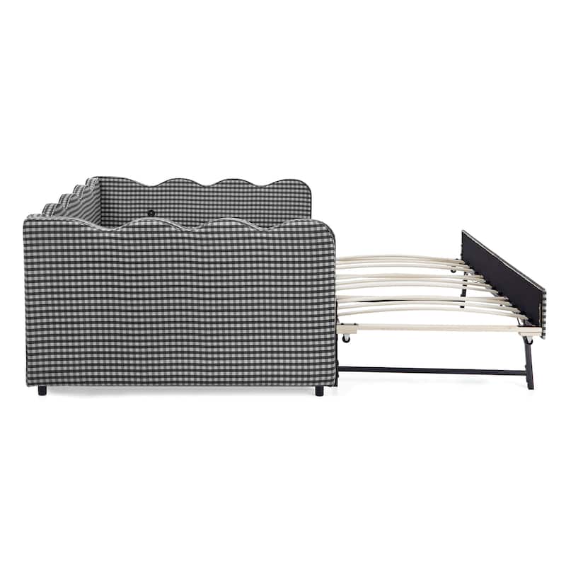 Full Size Gingham Daybed with Twin Trundle, USB Port, Wave Shaped Design & Linen Fabric - No Box Spring Needed