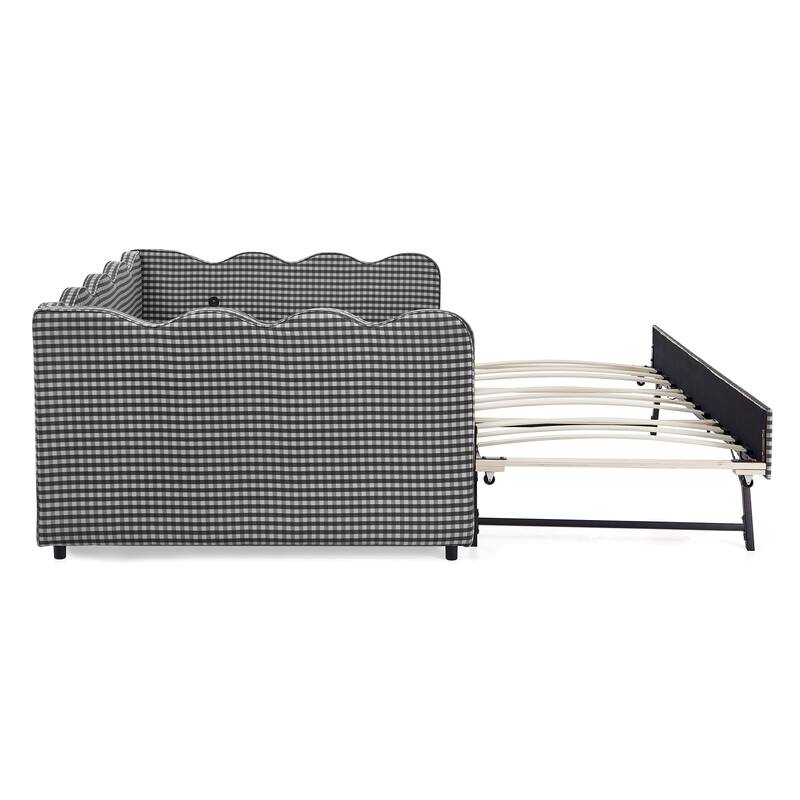 Upholstery Daybed Full Size Sofa Bed with Twin Size Trundle and Charging Ports, Linen Fabric Plaid Pattern and Wavy Silhouette