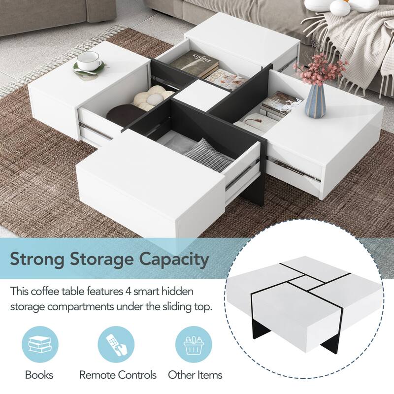 31.5" Square Coffee Table with 4 Hidden Storage Compartments & Sliding Top, UV High-gloss Finish