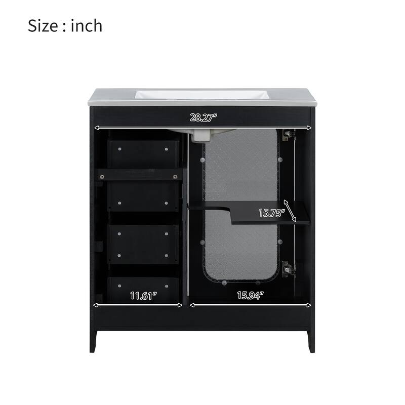 30-inch Bathroom Vanity with a Soft Close Glass Door, Adjustable Shelves, and Three Drawers