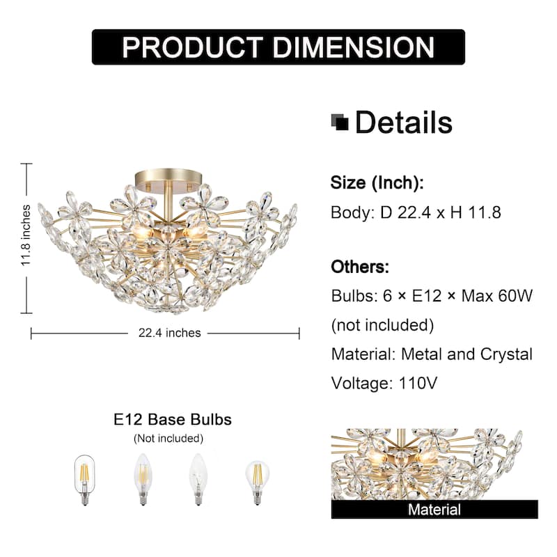 Rosa 6-Light Daisy Flower Crystal Large Size Flush Mount - Brushed Silver-ish Champagne