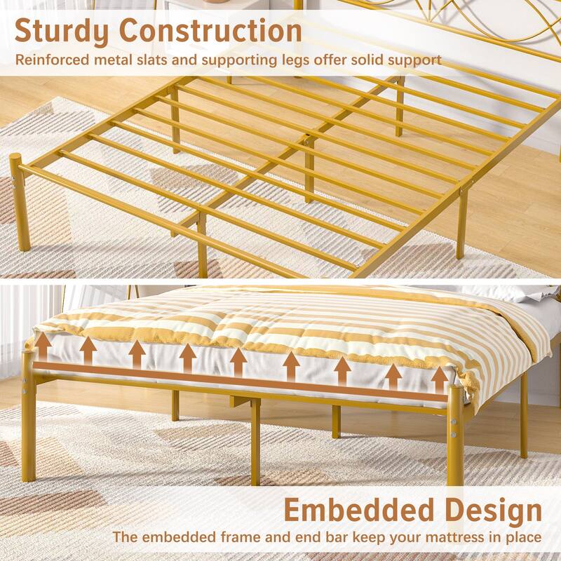 VECELO Wave Design Metal Bed Frame with 12.6" Underbed Storage High Headboard Industrial Platform Bed