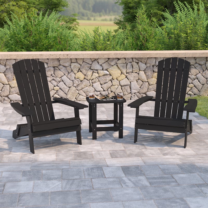 Set of 2 Indoor/Outdoor Folding Adirondack Chairs with Side Table - 34"D x 30.25"W x 37"H - Black