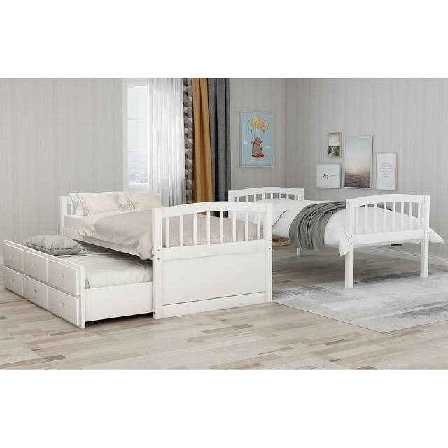 Contemporary Casual Style Twin over Twin Wood Bunk Bed with Trundle and Drawers, with High-quality Solid Wood for Bedroom