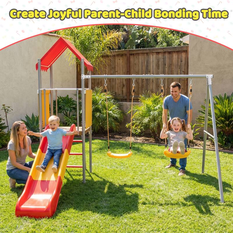 Metal and Plastic Treehouse Swing Set with Slide, Belt Swings, and Canopy Safe, Sturdy, and Portable for Kids Ages 3-8