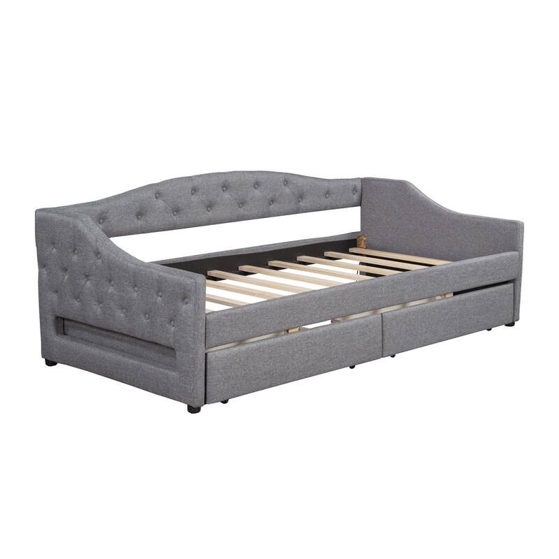 Twin XL Size Daybed with LED Belt and 2 Storage Drawers, Upholstered Daybed Frame Sofa Bed with Slats Support for Bedroom