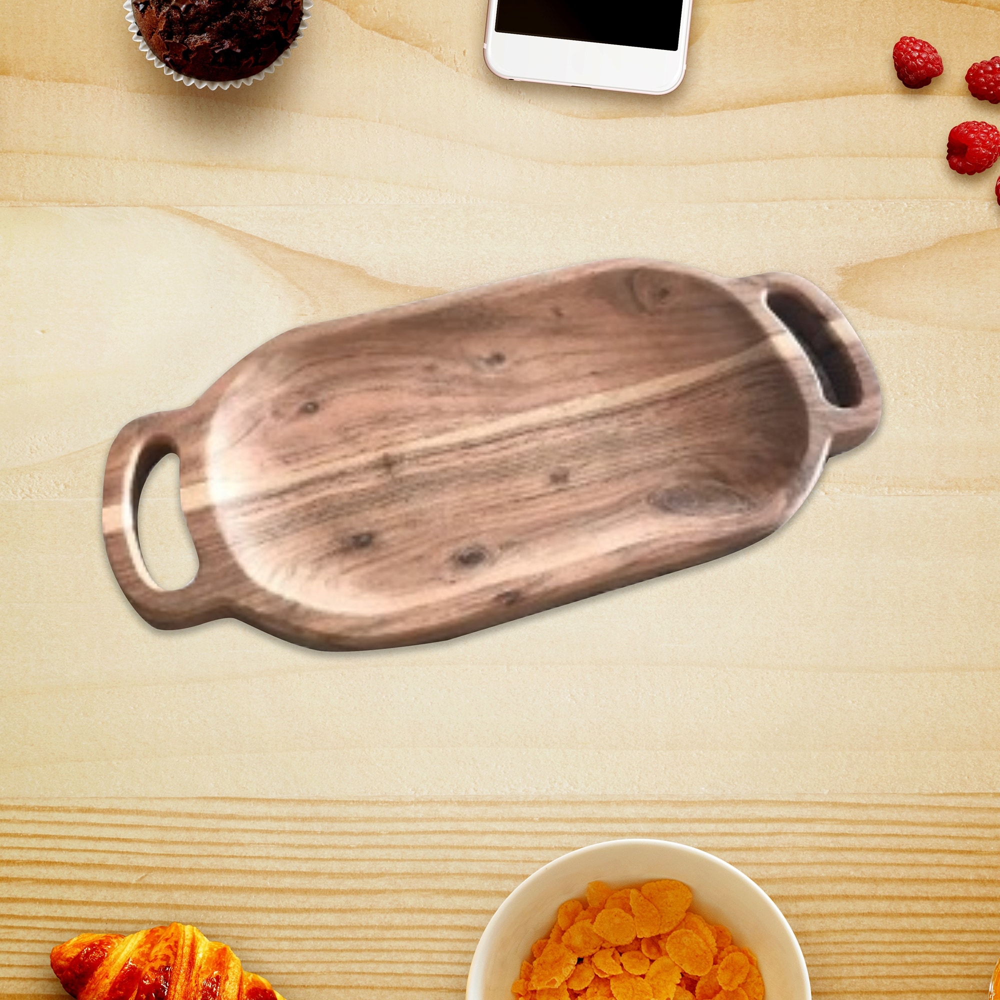 IH Casa Decor Acacia Wood Oval Serving Tray With Double Handle