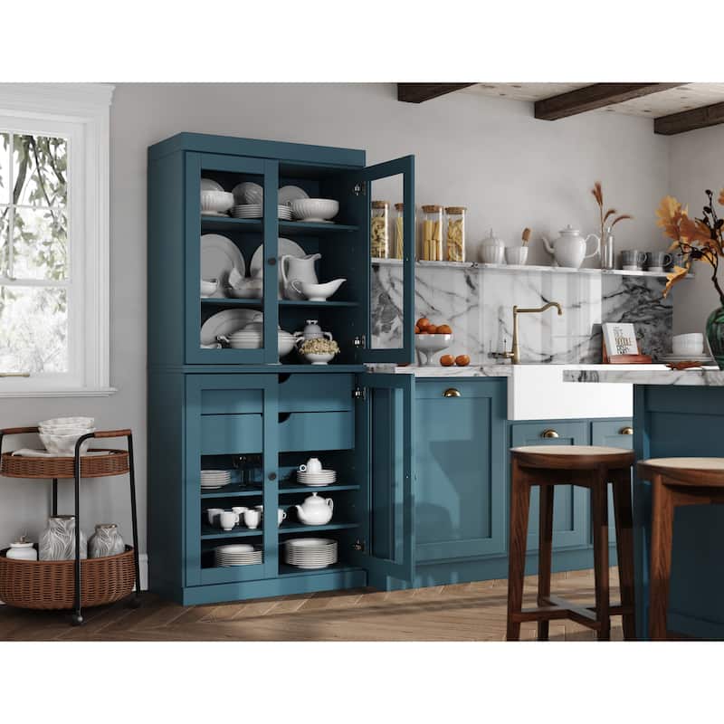 Palace Imports 100% Solid Wood Pantry Cabinet with Frosted, Clear Glass or Solid Doors, 2-Drawers and Adjustable Shelves - Teal Blue - Clear Glass