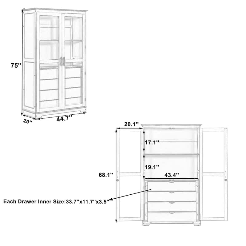 Freestanding Kitchen Storage Cabinet Pantry with Glass Doors and 4 Built-in Drawer