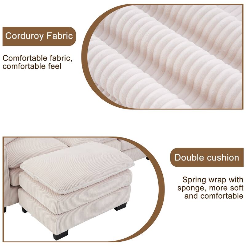 Modern U Shaped 6-seat Sectional Corduroy Sofa Couch with one Ottoman and three toss pillows ,Modular Sofa for Living Room