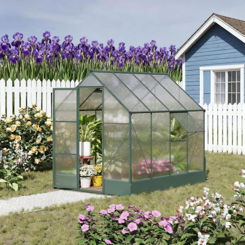 GDFStudio - Outdoor 8'x6' Aluminum Frame Walk-In Polycarbonate Greenhouse with Auto Roof Vent & Rain Gutter - Green