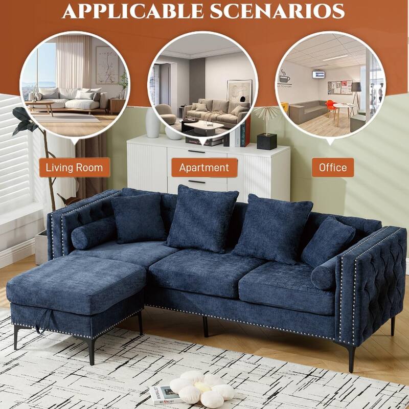 85'' L-Shaped 4 Seater Sectional Sofa with Convertible Storage Ottoman, Pillows, Solid Wood Frame, Modern Tufted Design
