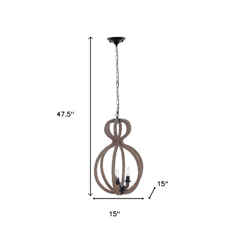 HomeRoots Natural and Black Iron and Rope Three Light Ceiling Light - 15' X '47.5' X '15