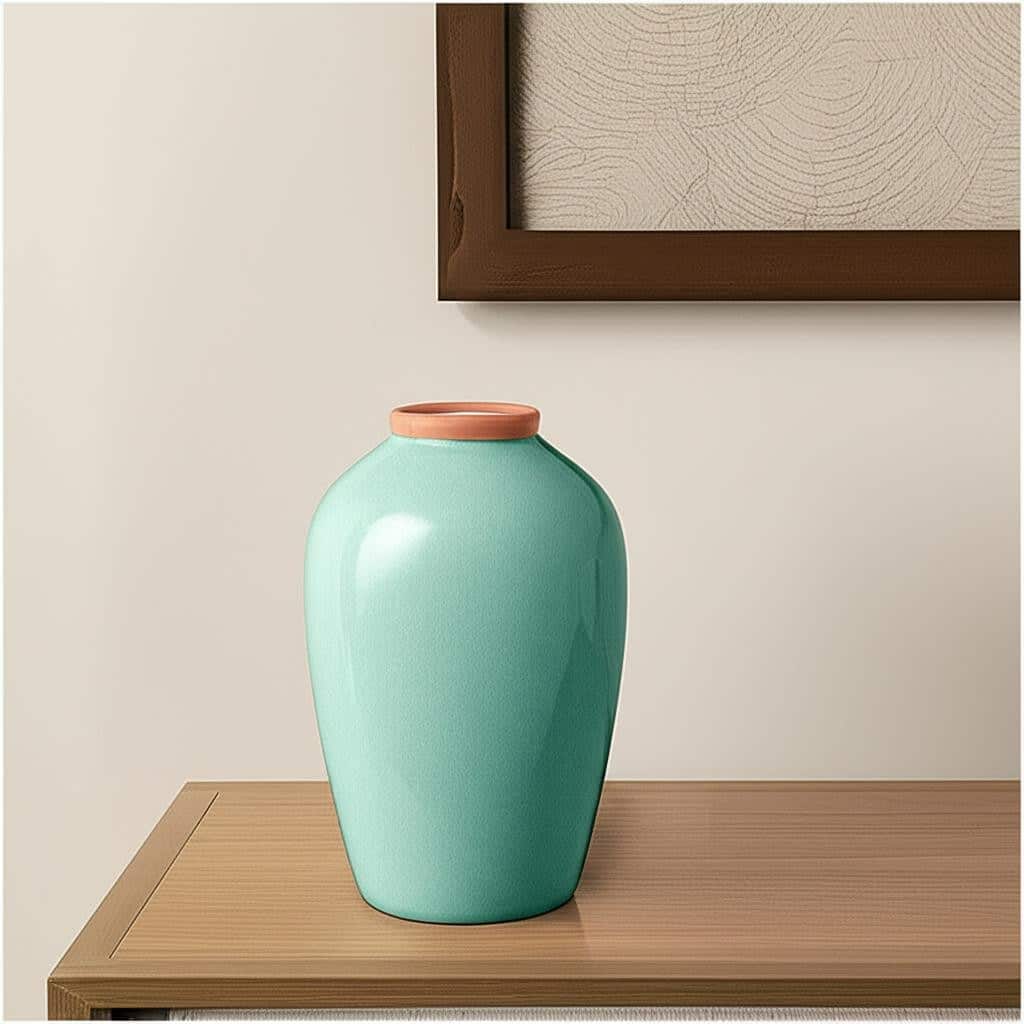 13" Aqua And Terra Cotta Ceramic Round Table Vase - 8.70