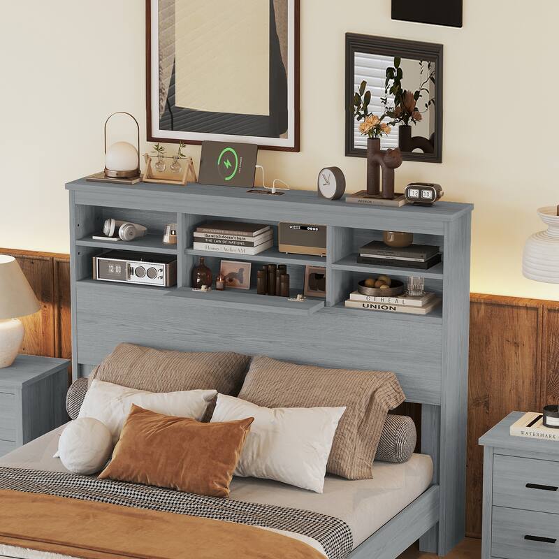 Vintage Platform Bed With Storage Headboard and Charging Station