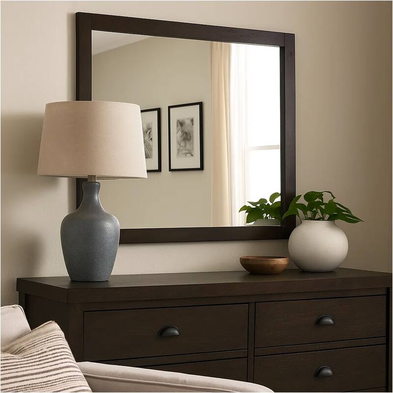 Wlly Dresser Mirror with Wide Frame, 39 Inch Dark Brown Hardwood - Dark Cocoa Brown