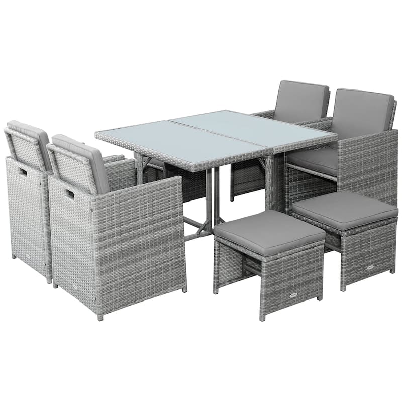 Outsunny 9 Piece Outdoor Rattan Wicker Dining Table and Chairs Furniture Set Space Saving Wicker Chairs w/ Cushions