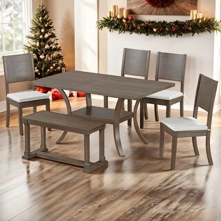6-Piece Wood Dining Table Set with Storage Shelf and Bench and 4 Chairs ...