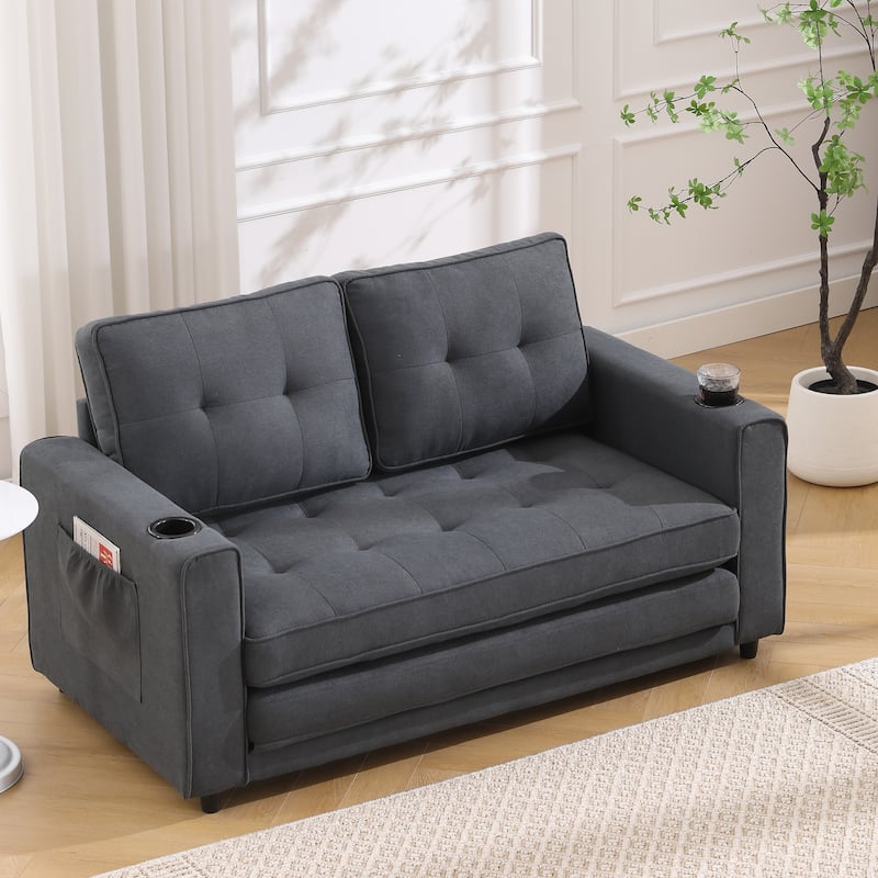 Foldable Tufted Loveseat with Pull Out Bed and Side Pockets