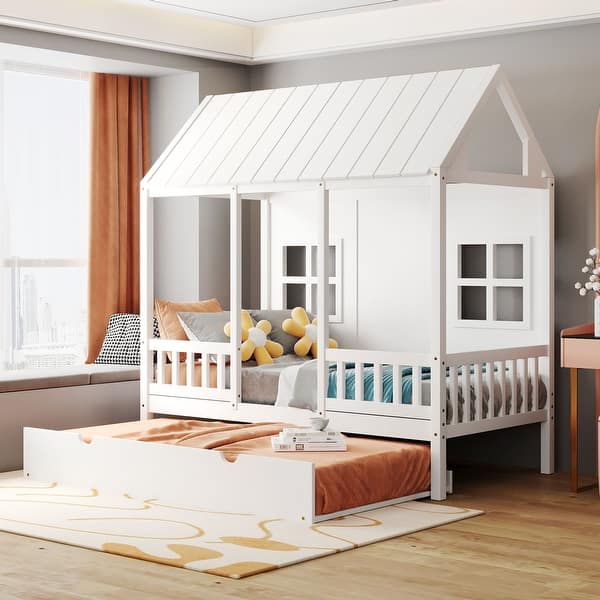 slide 2 of 13, Twin House Bed with Trundle & Playhouse Design, Solid Wood Frame White