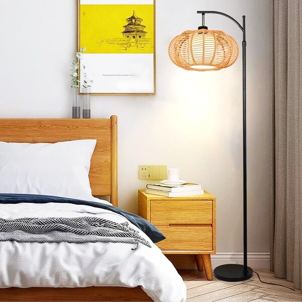 Arc Floor Lamps Rattan Boho Floor Lamp with Remote Control Floor Standing Lamp Wicker Lamp Shade Rustic Dimmable Modern LED Black