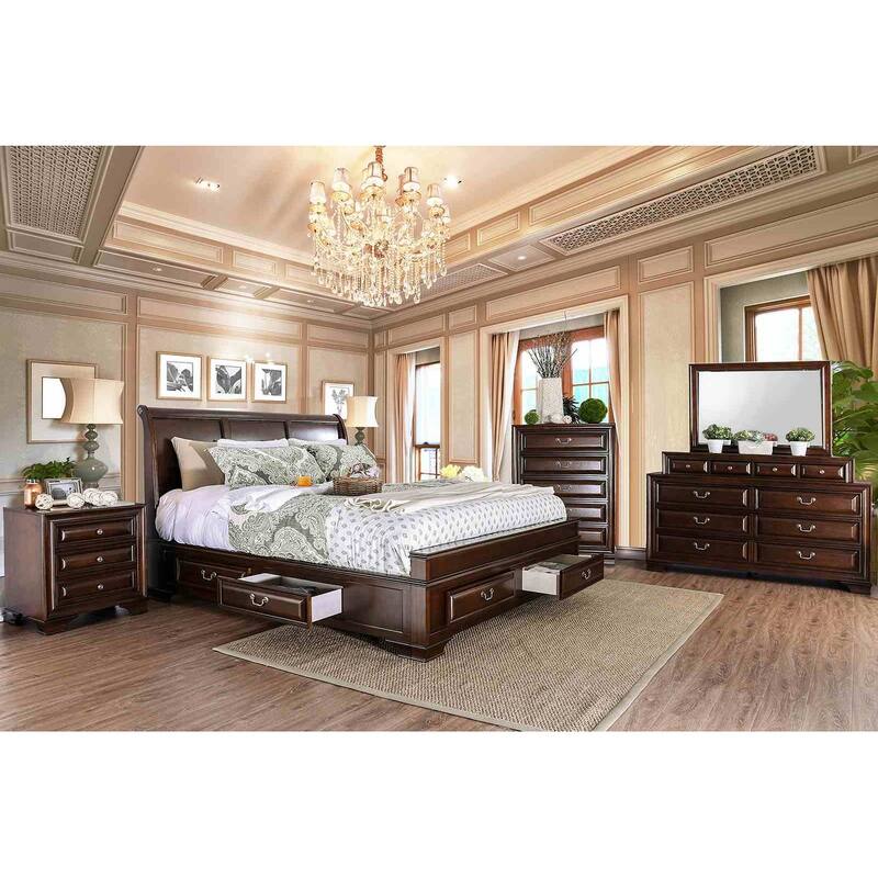 Brown Cherry Finish Transitional Bedroom Furniture Set Storage Bed with USB Nightstand