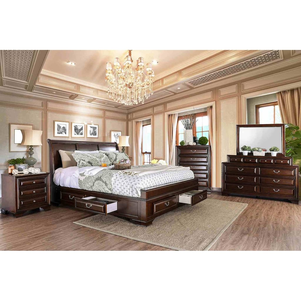Brown Cherry Finish Transitional Bedroom Furniture Set Storage Bed with USB Nightstand
